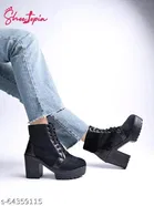 Shoetopia Solid Suede Block Boots Black 