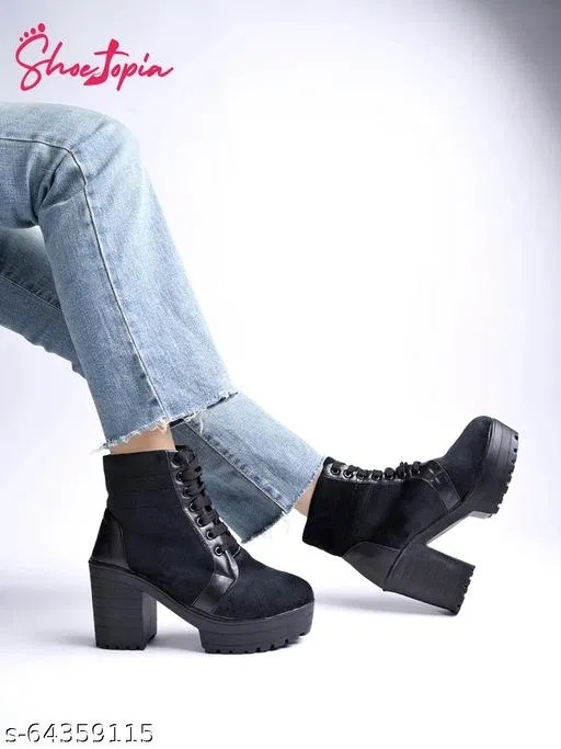 Shoetopia Solid Suede Block Boots Black (IND-3)
