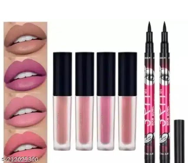 Combo of Liquid Lipsticks (4 Pcs) with 2 Pcs Eyeliners (Nude & Black, Set of 2)