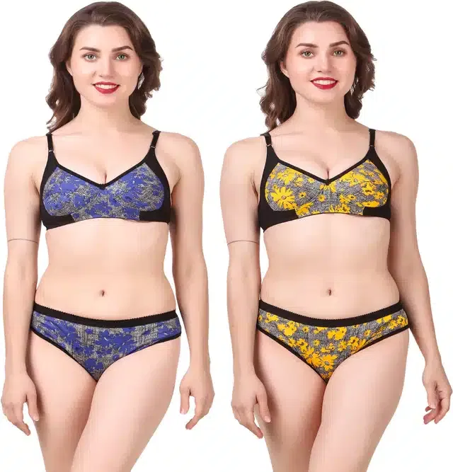 Cotton Blend Lingerie Set for Women (Blue & Yellow, 32) (Set of 2)