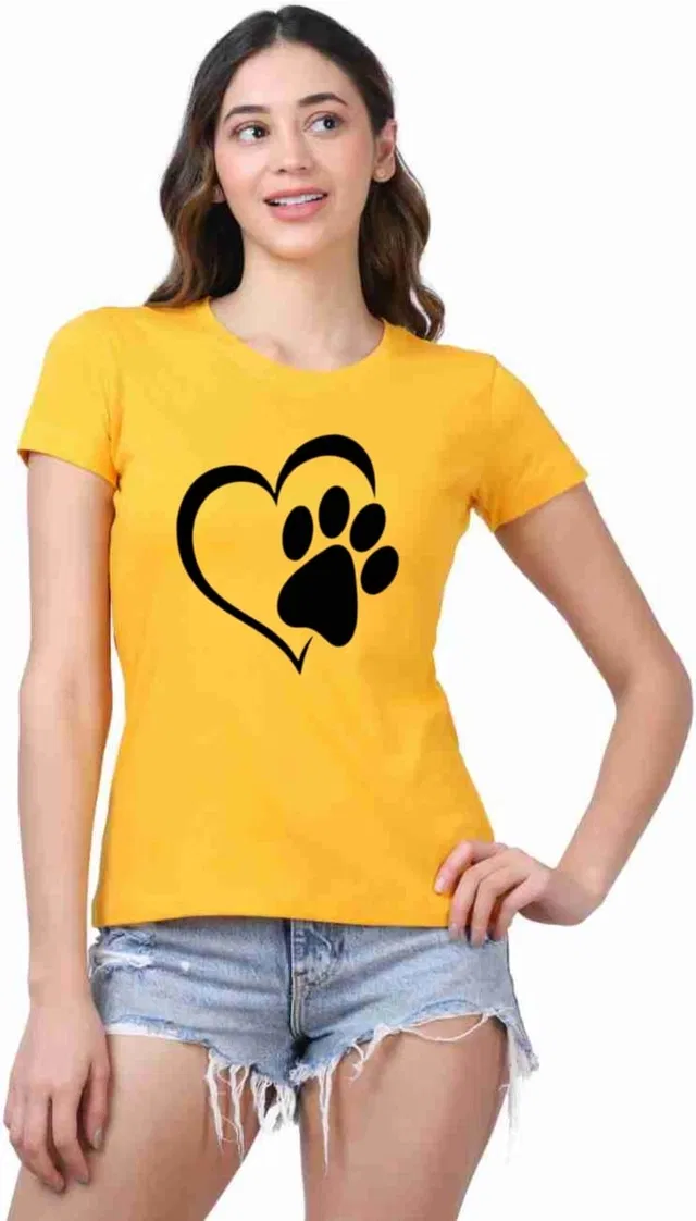 Half Sleeves Printed Round T-Shirt for Women (Yellow, XL)