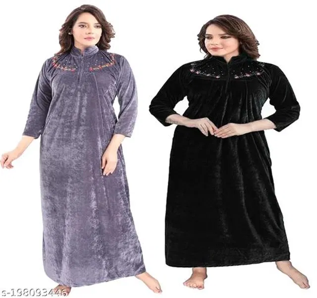 Velvet Nightdress Set for Women (Grey & Black, Free Size) (Set of 2)