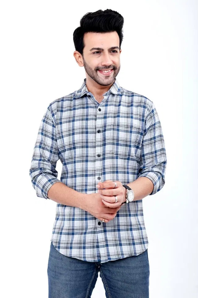 Cotton Blend Checked Shirt for Men, Grey (XL)