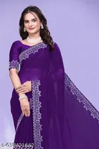Georgette Solid Saree for Women, Purple 