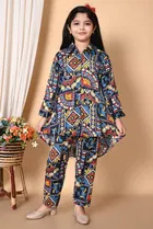 Rayon Printed Kurti with Pant for Girls (Blue, 1-2 Years)