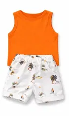 Printed Hoseiry Cotton Clothing Set for Kids ,Orange & White 