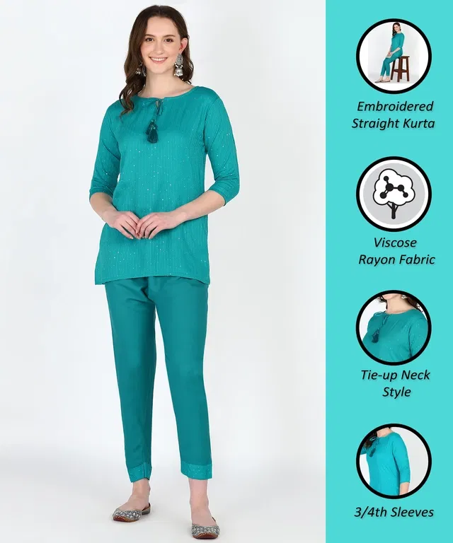Rayon Embellished Top & Bottom Set for Women (Sky Blue, XL)