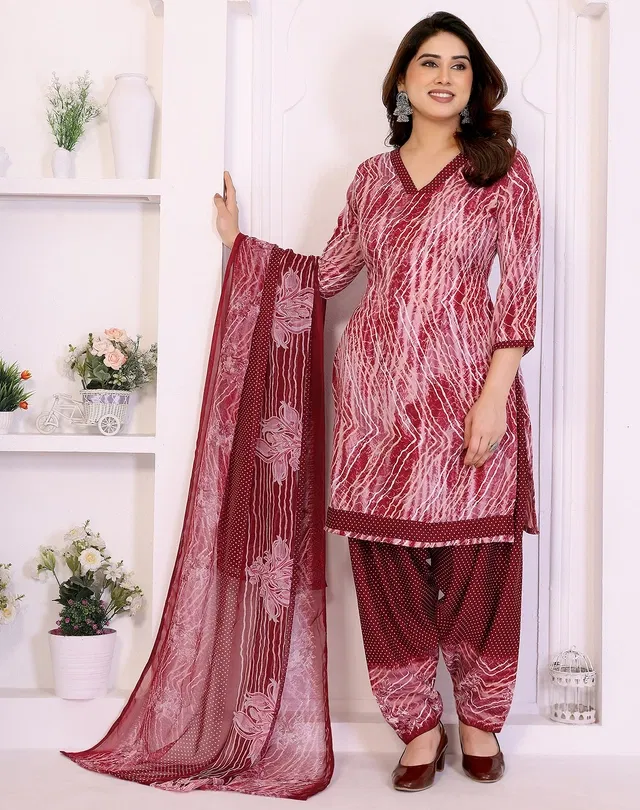 Crepe Floral Punjabi Suits for Women (Purple, Purple)