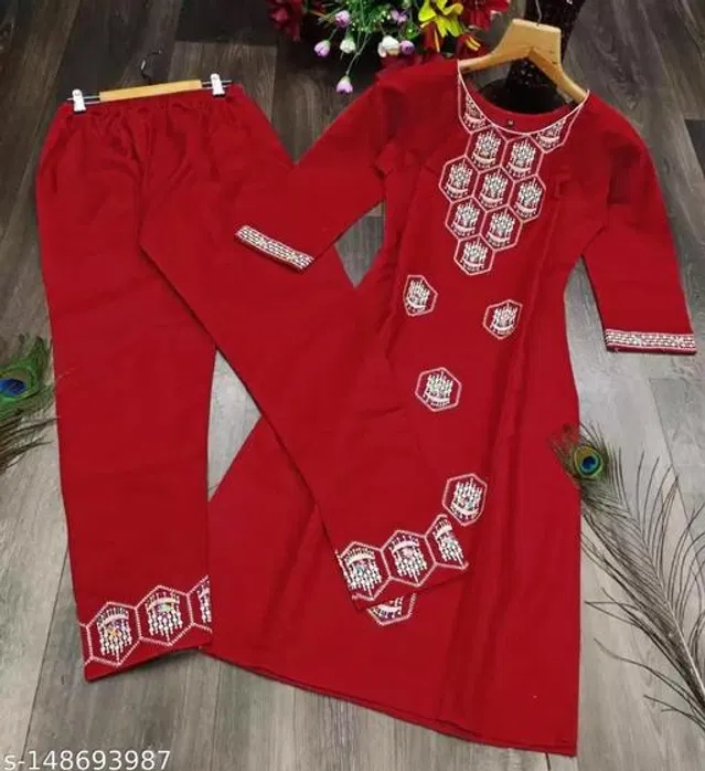 Rayon Embroidered Kurta with Pant for Women (Red, S)