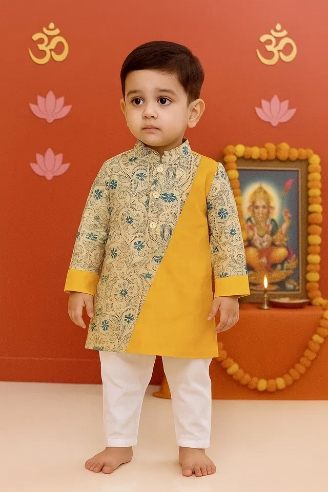 Cotton Printed Kurta with Payjama for Boys, Yellow & White (4-5 Years)