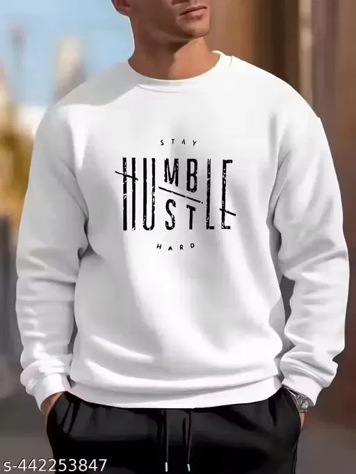 Hustle Printed Fleece Sweatshirt for Men (White, L)