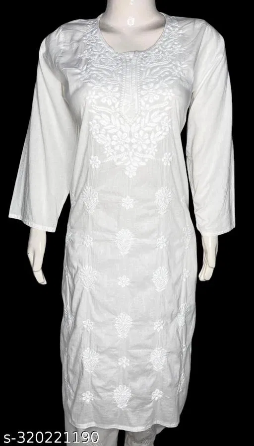Cotton Chikankari Short Kurti for Women, White (XXL)