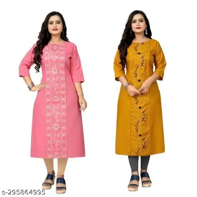 Cotton Blend Solid Kurti for Women (Pink & Mustard, XL) (Pack of 2)