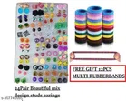 Alloy Stud Earrings (24 Pairs) with 12 Pcs Rubber Hair Band for Girls (Multicolor, Set of 2)