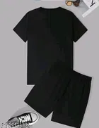 Cotton Blend Printed Top & Bottom Set for Men, Black 