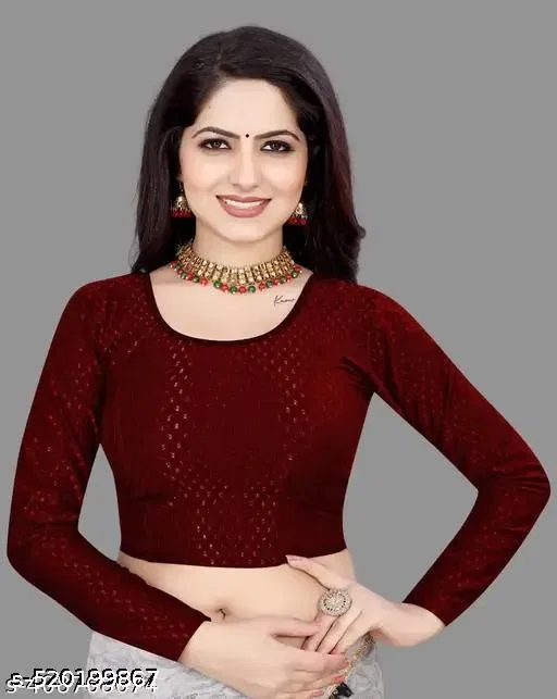 Cotton Blend Ready Made Blouse for Women, Maroon (30)