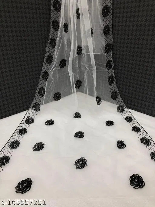 Floral Mirror Work Embroidered Net Dupatta for Women (Black, Free Size)