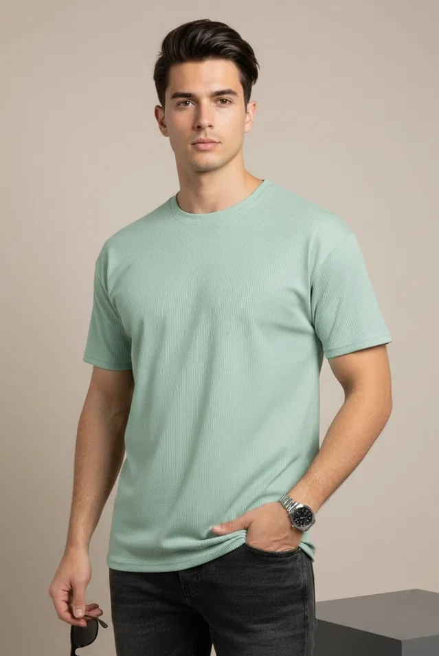 Polyester Round Neck T-shirt for Men, Aqua Blue (L)