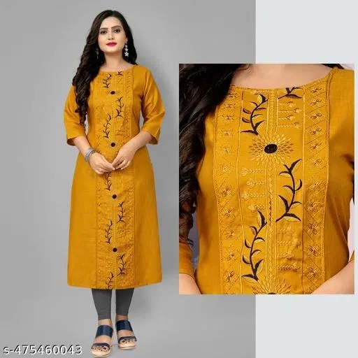 Floral Embroidered Cotton Blend Kurti for Women (Yellow, 5XL)