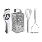 Oc9 Stainless Steel Lemon Squeezer & 4 in 1 Grater Or Slicer & Egg Whisk & Potato Masher Kitchen Tool Set 