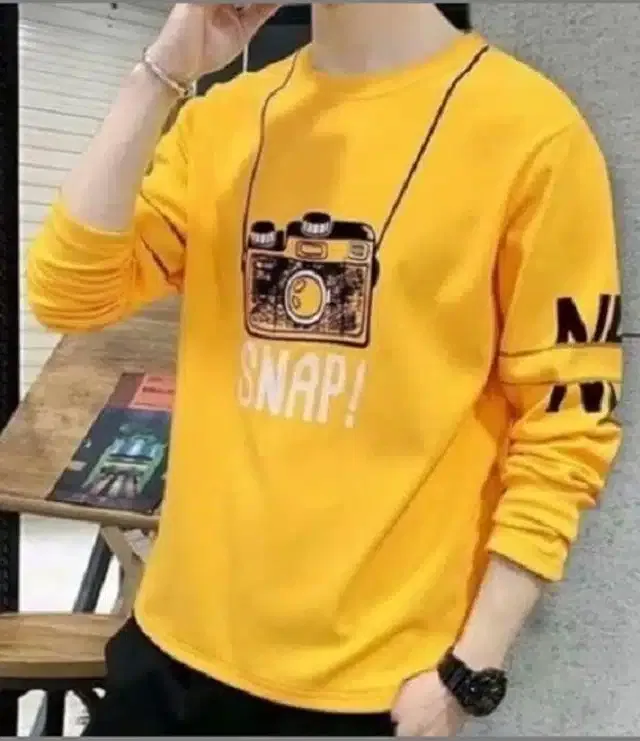 Printed Full Sleeeves T-Shirt For Men (Mustard, M)