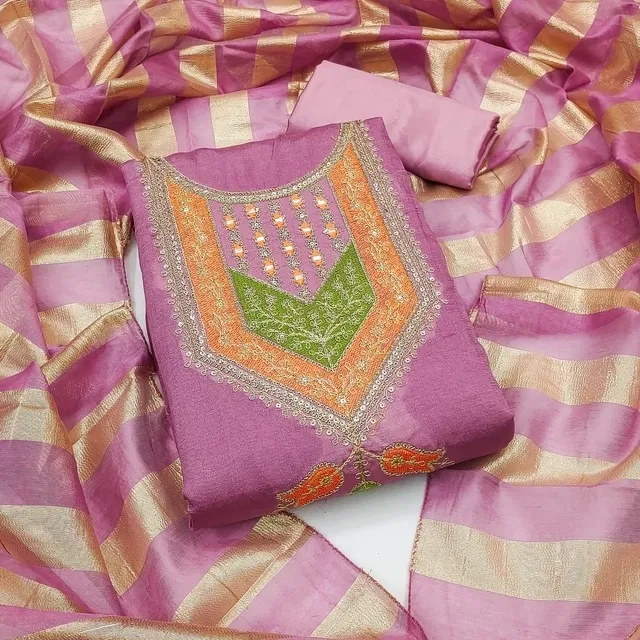 Vichitra Silk Embroidered Unstitched Suit Fabric, Pink