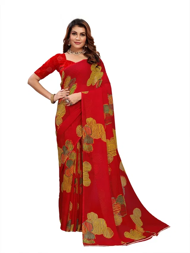 Georgette Printed Saree for Women (Red, 6.3 m)