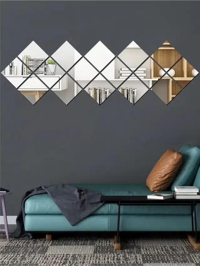 Acrylic Square Shaped Wall Mirror Stickers (Silver, Pack of 16)