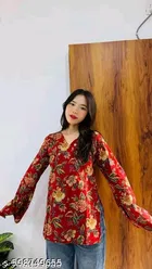 Cotton Printed Short Kurti for Women, Red 