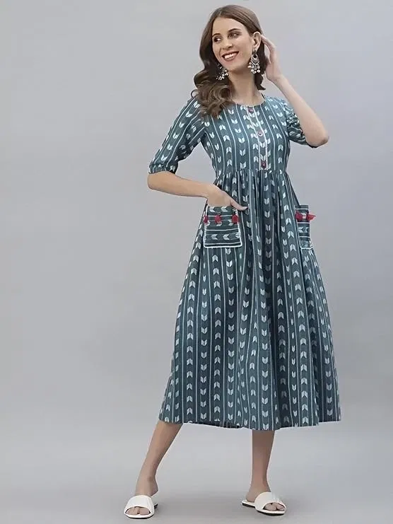 Cotton Printed Anarkali Kurti for Women (Teal, L)