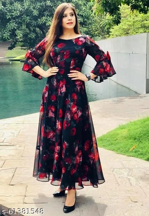 Floral Print Gown for Women (Black, XL)