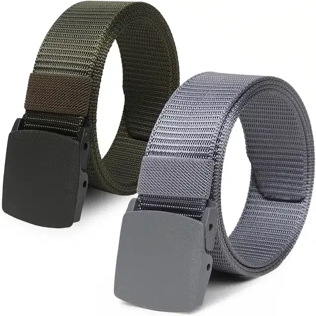 Casual Nylon Belts for Men (Green & Grey, Pack of 2)
