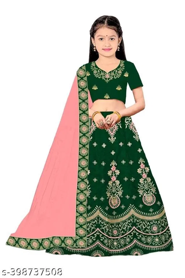 Satin Embroidered Lehenga with Choli & Dupatta for Girls (Green & Pink, 7-8 Years)
