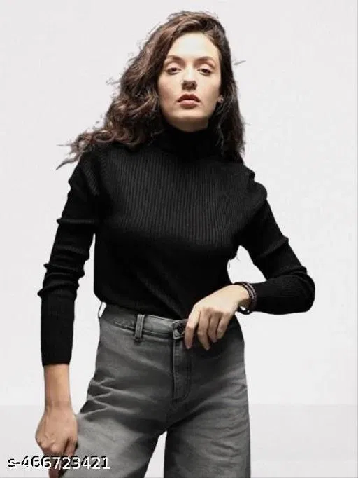Wool Solid Hi-Neck Sweater for Women, Black (L)