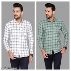 Cotton Blend Checked Shirt for Men, White & Green 