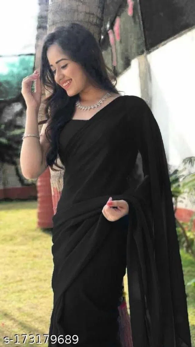 Georgette Solid Saree for Women (Black, 6.3 m)