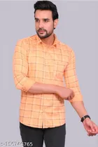 Cotton Blend Checked Shirt for Men, Orange 
