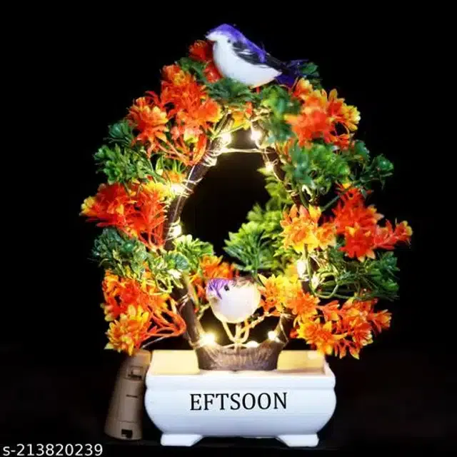 Artificial Bonsai Plant with Sparrow & Light (Orange & Green, 28 cm)