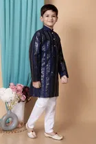 Dupion Silk Embellished Kurta with Payjama for Boys, Navy Blue & White 