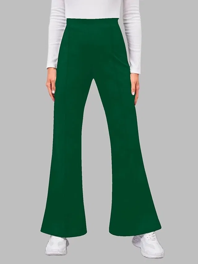 Poly Spandex Bell Bottoms Trouser / Pant for Women (Dark Green, S)