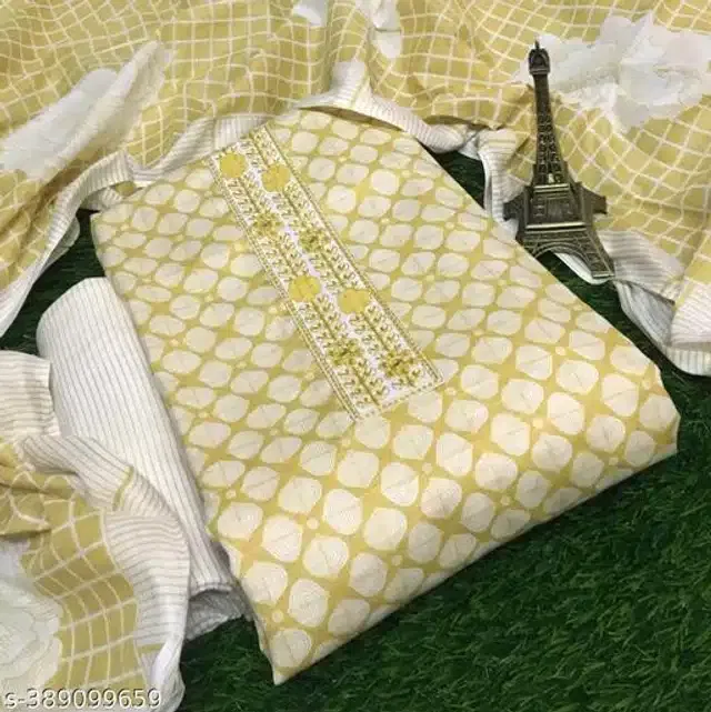 Cotton Printed Unstitched Dress Material for Women (Yellow)