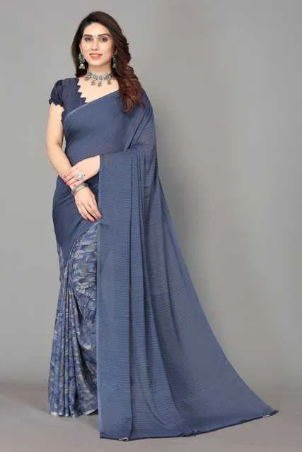 Casual Georgette Women Printed Saree With Unstitched Blouse (Blue) (SDS-22)