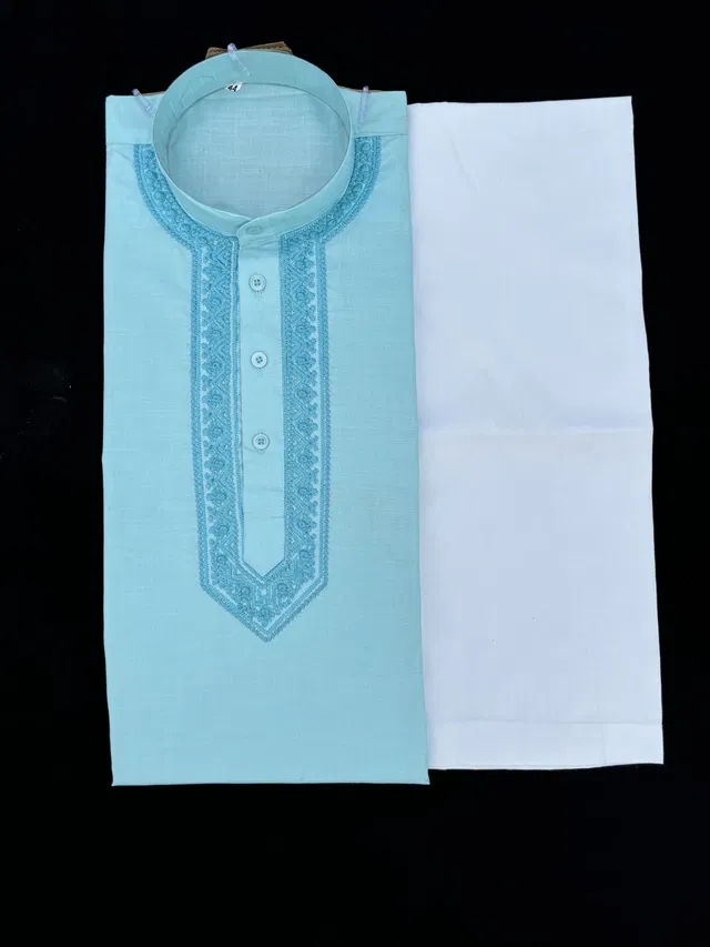 Cotton Full Sleeves Embroidered Kurta Set for Men (Aqua Blue & White, L)