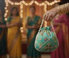 Handcrafted Embroidered Silk Potli Bag, Aqua Blue