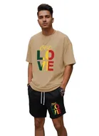 Polyester Printed Co-Ord Set for Men, Beige 