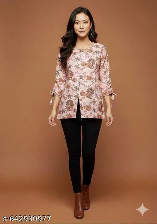 Round Neck Rayon Top for Women (Pink, L)