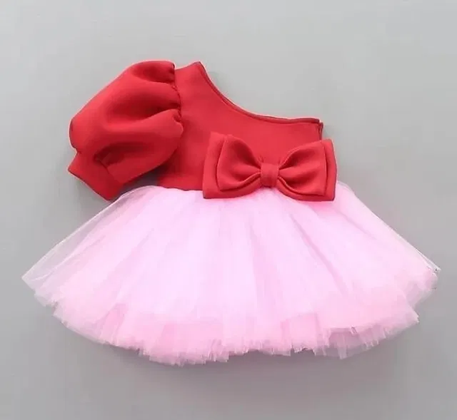 Net Solid Frock for Girls (Red & Pink, 1-2 Years)