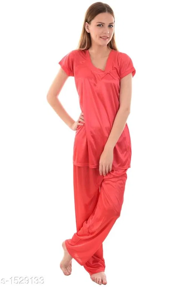 Satin Nightsuit Set for Women (Pink, Free Size)