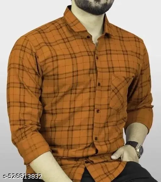 Cotton Blend Checked Shirt for Men, Mustard (S)