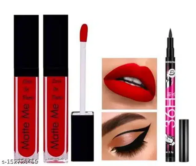 Combo of Matte Me Lipsticks (2 Pcs) with Eyeliner (Red & Black, Set of 2)